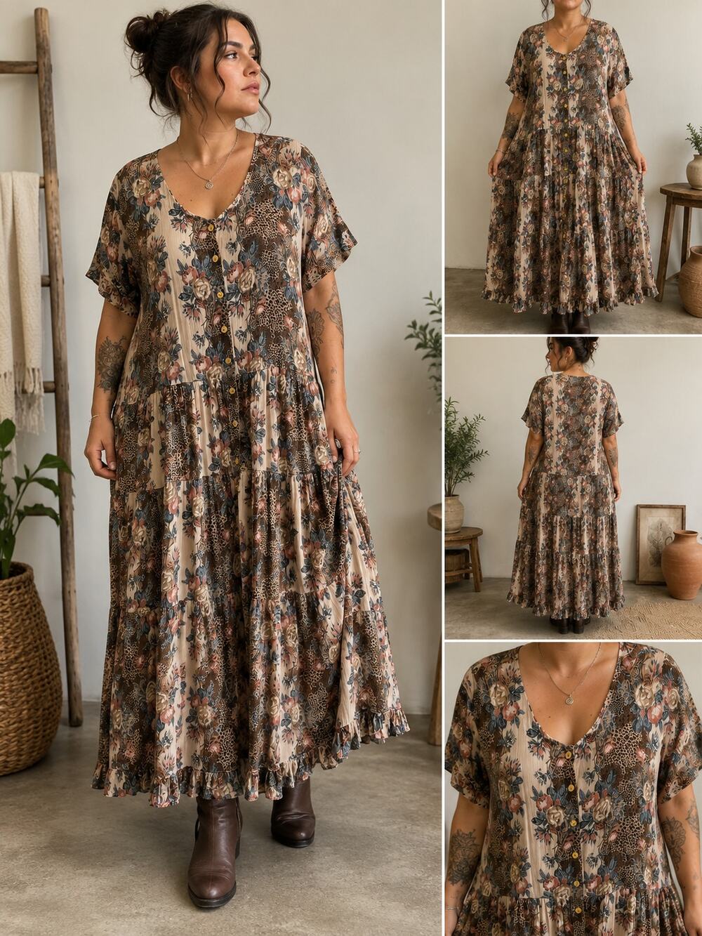 Vintage 90s Plus Size 1X Rayon Tiered Maxi Dress Floral Leopard Cottagecore Boho